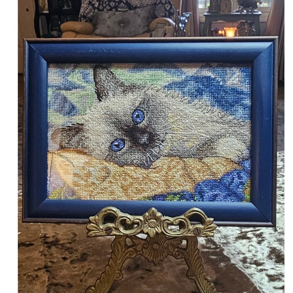 Handmade Cross Stitch Cat Picture Art, titled "Charming",